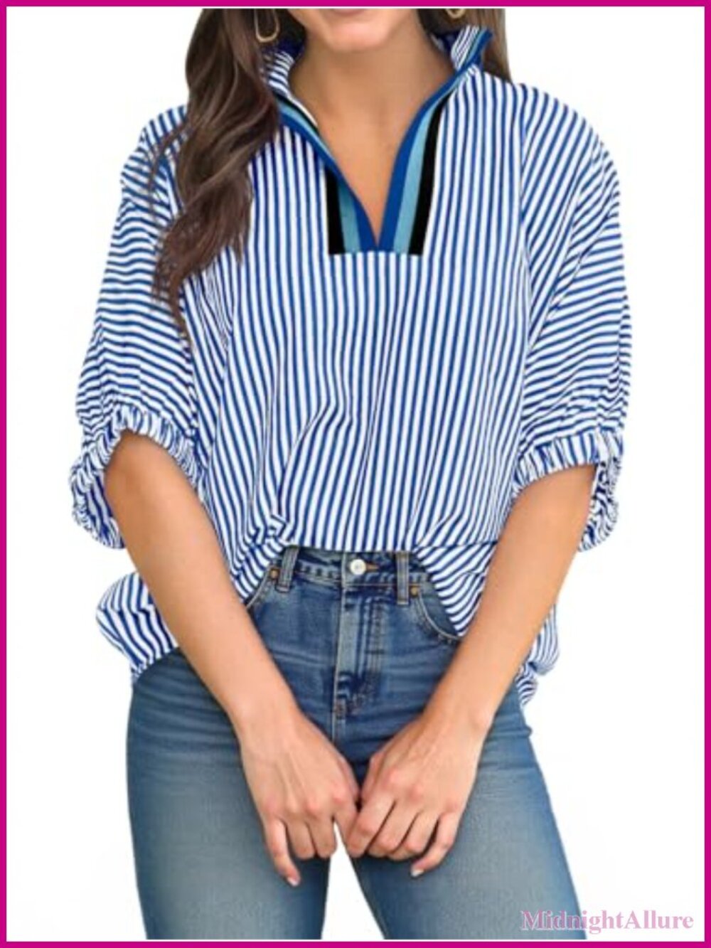 Women's Striped Dolman Sleeve Polo Shirt V-Neck Summer Blouse